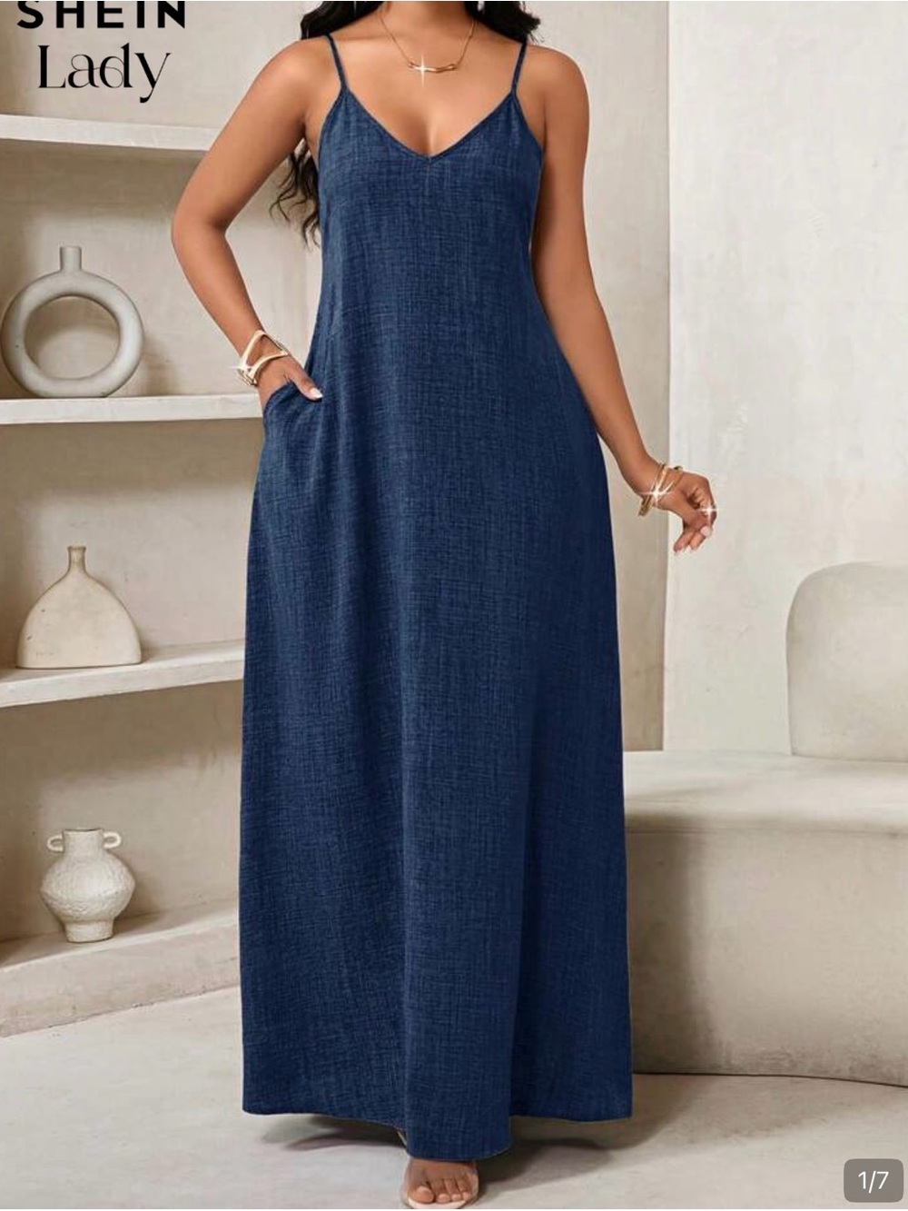 SHEIN Navy Blue V-Neck Maxi Dress with Side Pockets